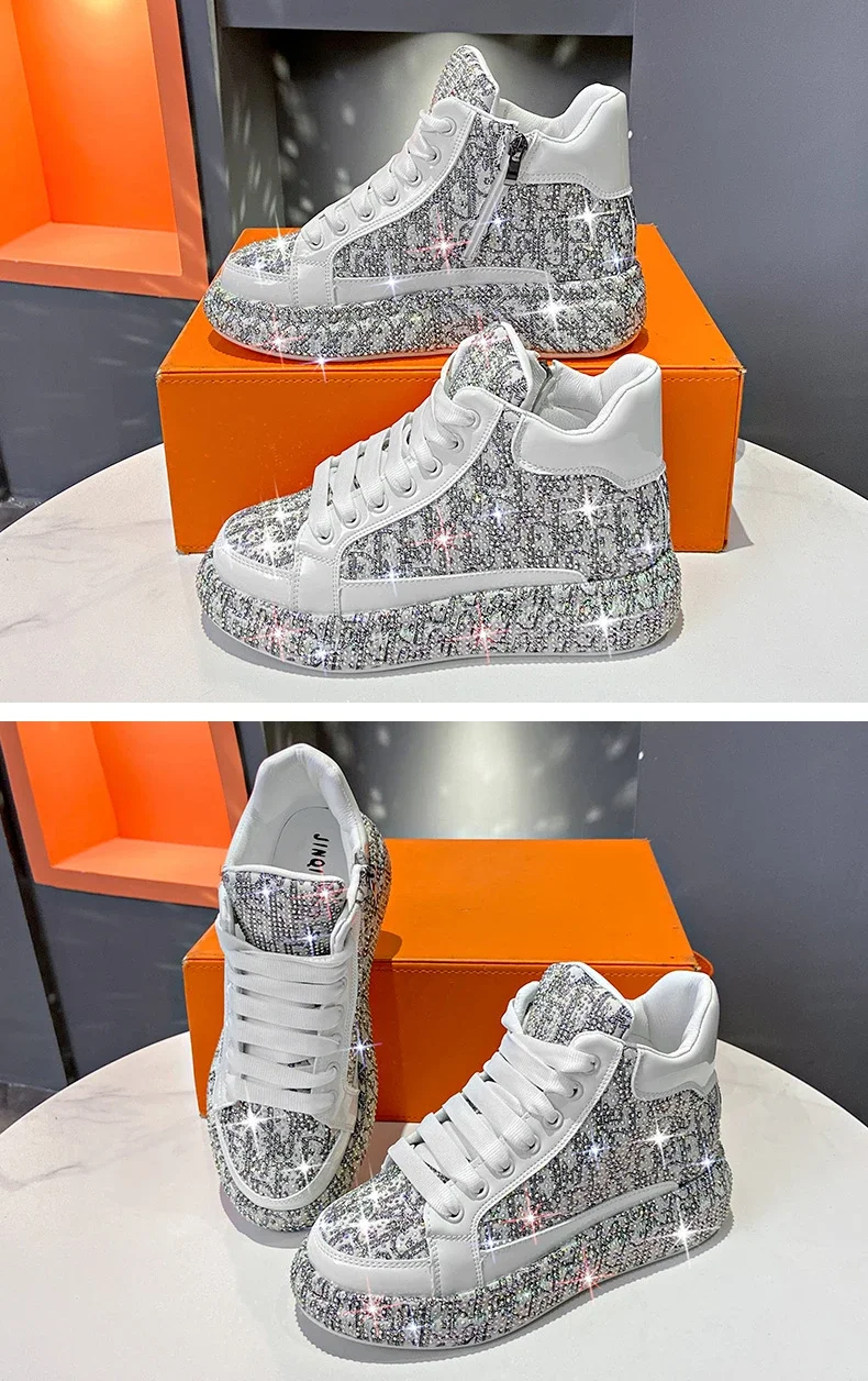 Women's Full Diamond Platform Sneakers Personalized Water Diamond Colored Embroidery Casual Shoes High Top Luxury Sports Shoes