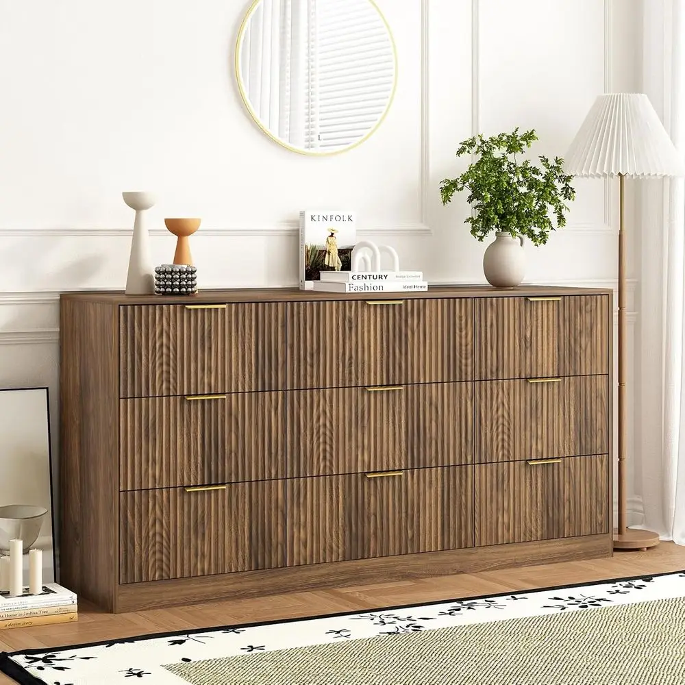

63 Wide Wooden Bedroom Dresser with Deep Drawers, Large Floor Chest, Long TV Stand, Century Storage Cabinet, Natural Side Table