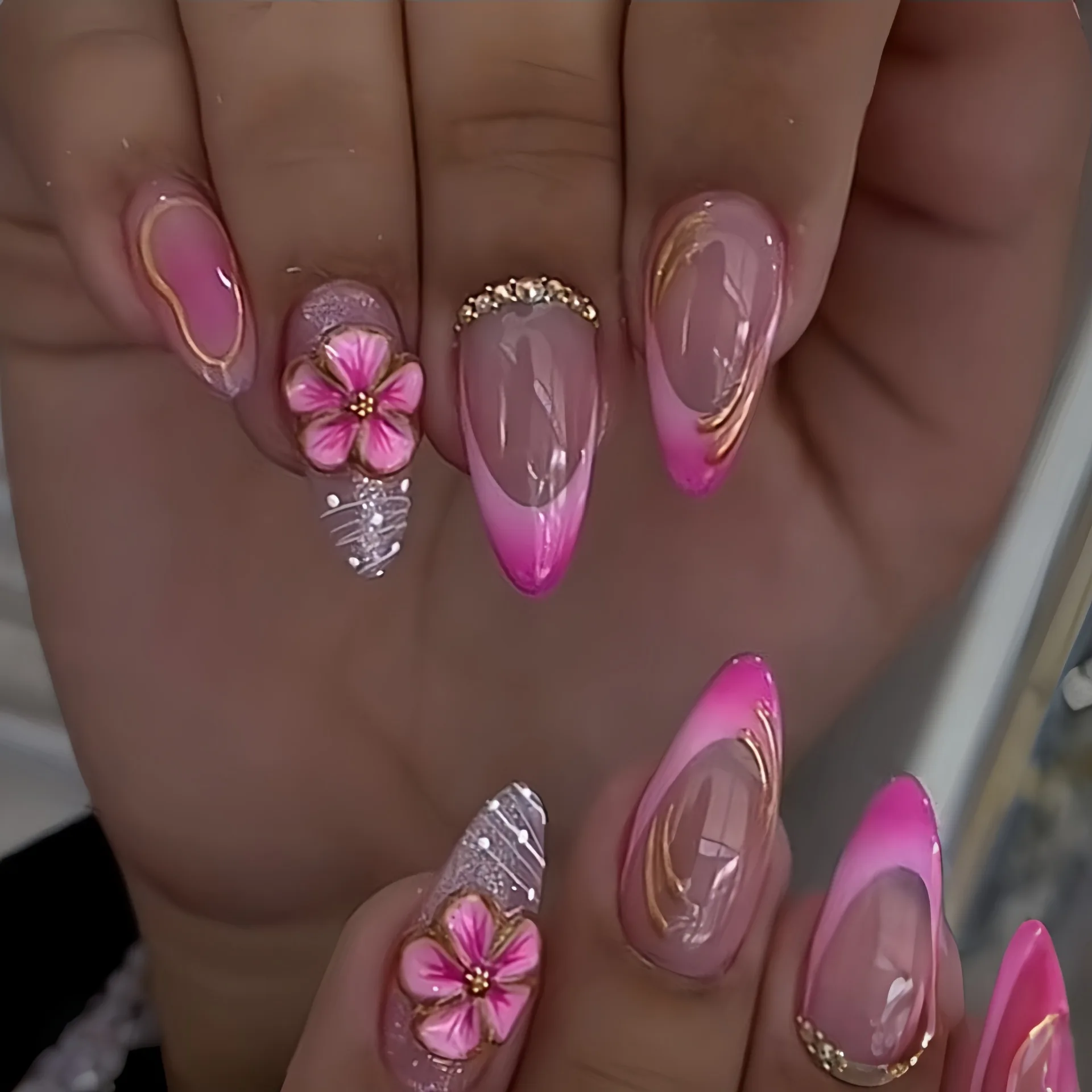 

24Pcs Pink Smudge French Fake Nails Press on Flower Rhinestone False Nails Art Mid-length Almond Reusable Full Cover Nails Tips