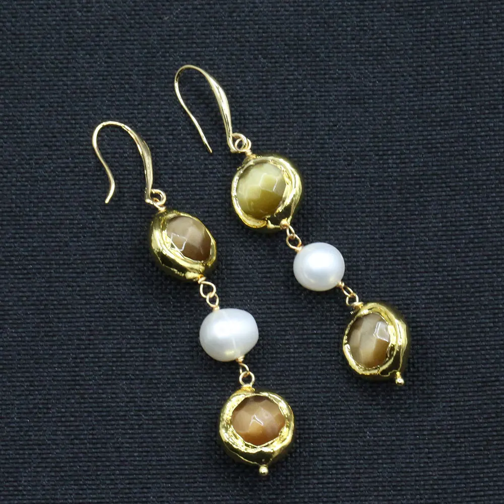 GuaiGuai Jewelry Natural Champagne Cat eye Freshwater Cultured White Keshi Pearl Dangle Hook Earrings For Women