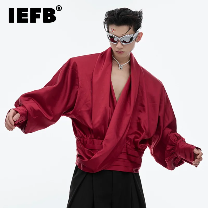 IEFB 2025 Spring Oversized Men Shirt Long Sleeve Elegant Luxury V-neck Design Liquid Texture Clothes Patchwork Male Top 9C7045