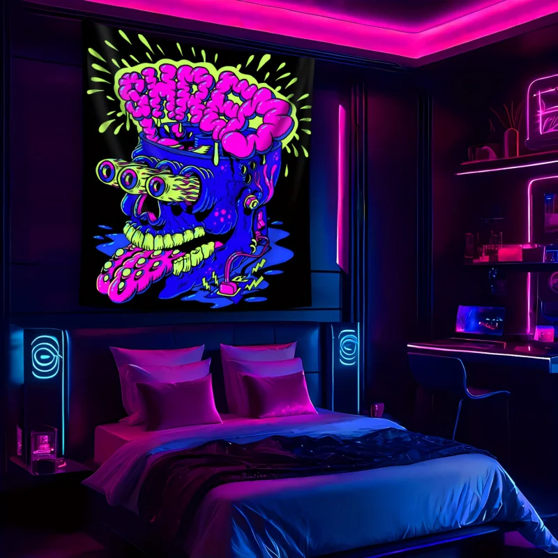 VIKAMA Fluorescent Abstract Brain Skull Tapestry Psychedelic Design Gaming Room Ambient Lighting Statement Decor