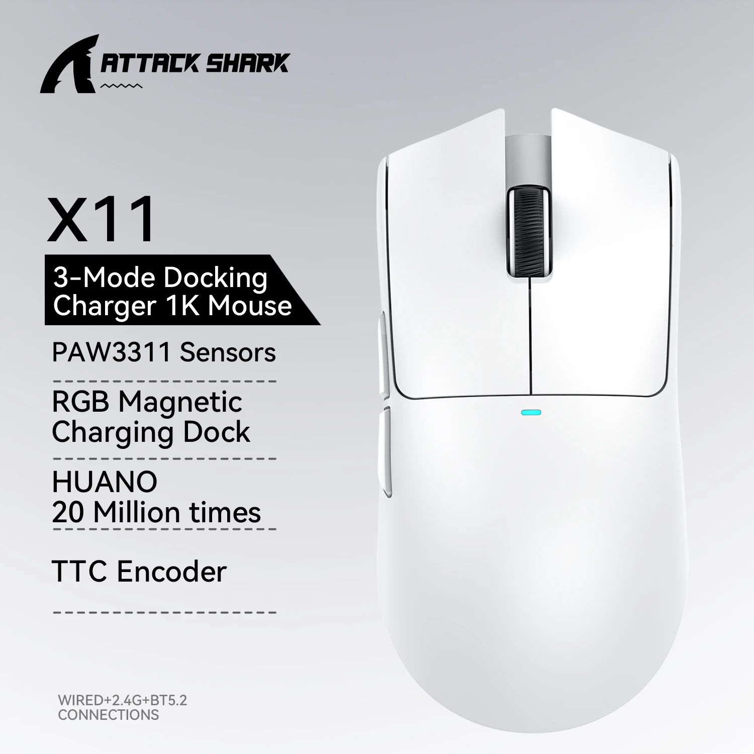 Mouse Gaming ATTACK SHARK X11 dan Mouse Nirkabel X11 SE 22000 DPI, Sensor PAW3311, BT/2.4G/Kabel, Ringan 59g, 2000 Klik