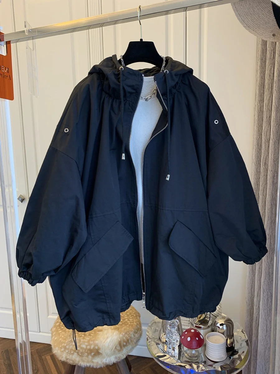 Casual Hooded Jacket Women's Spring Autumn Short Loose Fit Versatile Small Size Windbreaker Thin Top Large Size Fashion