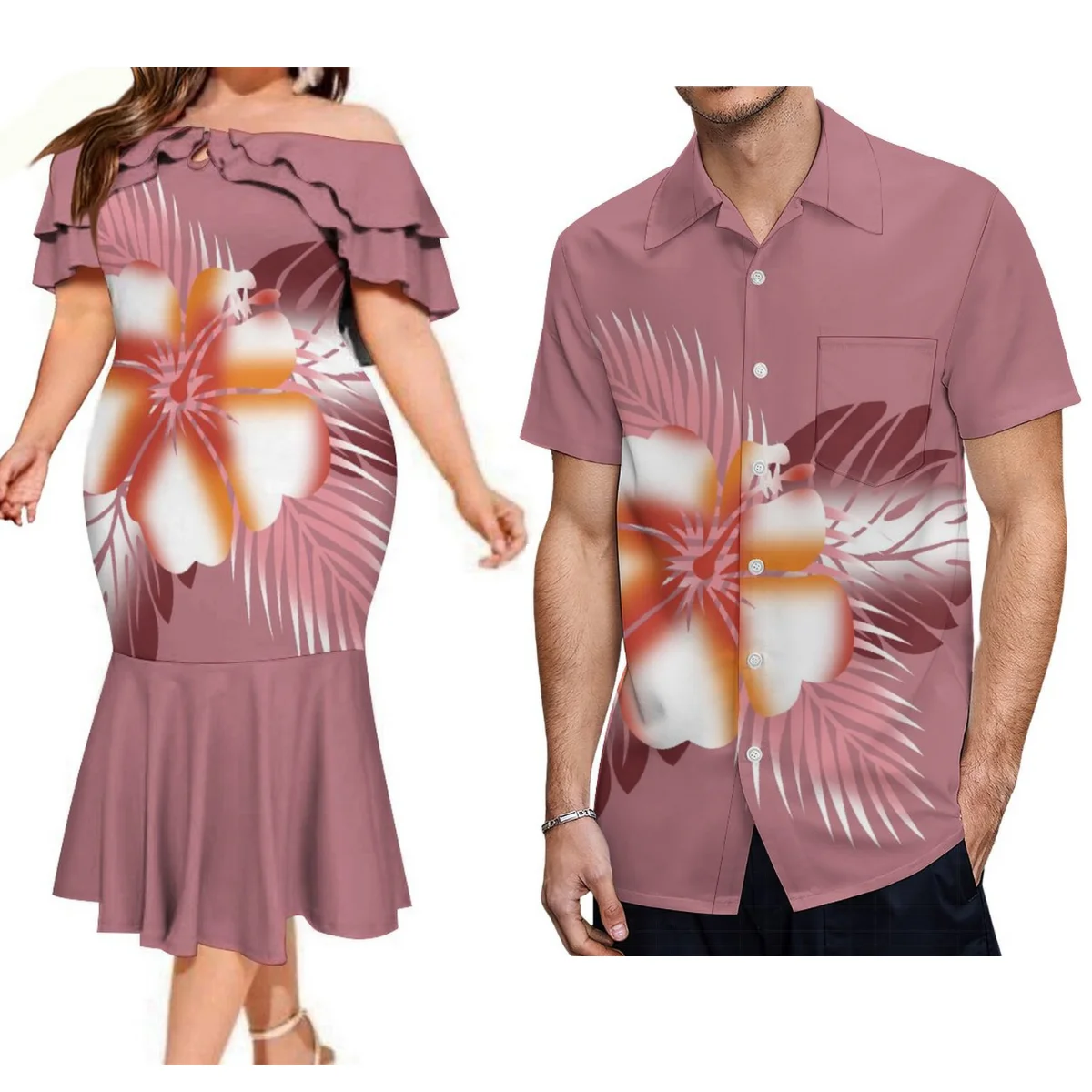 

Polynesian Tribe With Couple Suits Women'S Fishtail Dress Sexy One-Shoulder Skirt And Men'S Pocket Shirt Fijian Design