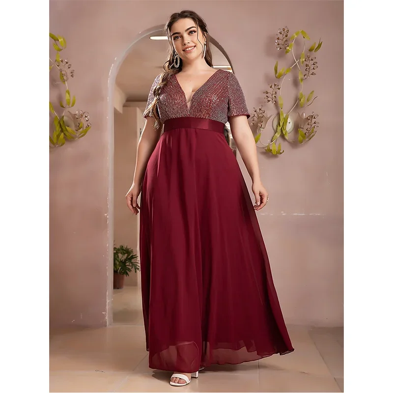 

Plus Size 4xl Shiny Red Short Sleeve Luxury Evening Dress Wedding Party Elegant Chiffon Plus Size Evening Dress size Prom Dress