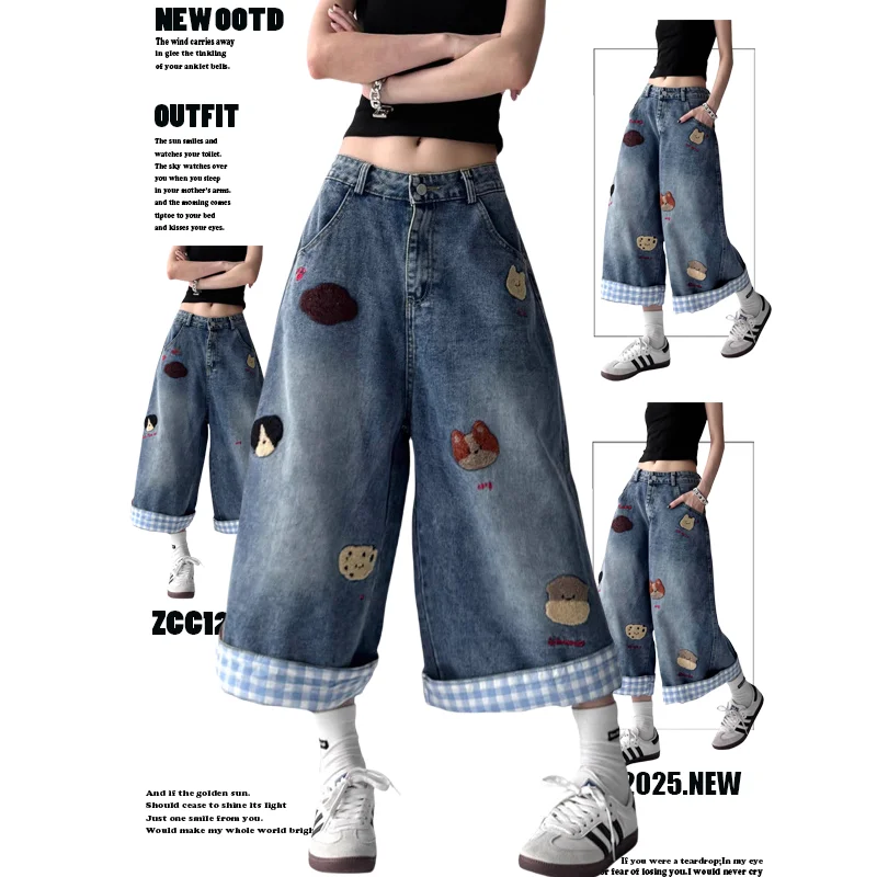 Retro American Cartoon Embroidery Denim Shorts Women's Summer Loose Wide Leg Seven Parts Pants High Waist Casual Wear