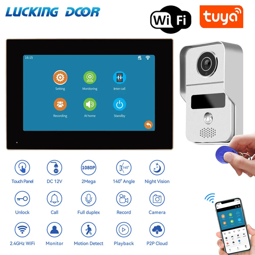 1080P Intercom Kit 7 inch Touchscreen Monitor Tuya Wifi Video Deurbel Deurtelefoon Smart Access Control Systeem RFID-kaart