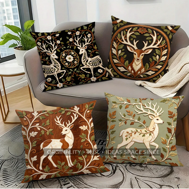 Vintage Deer Botanical Pattern Cushion Cover Suitable for Sofa Bedroom Car Pillow Cover
