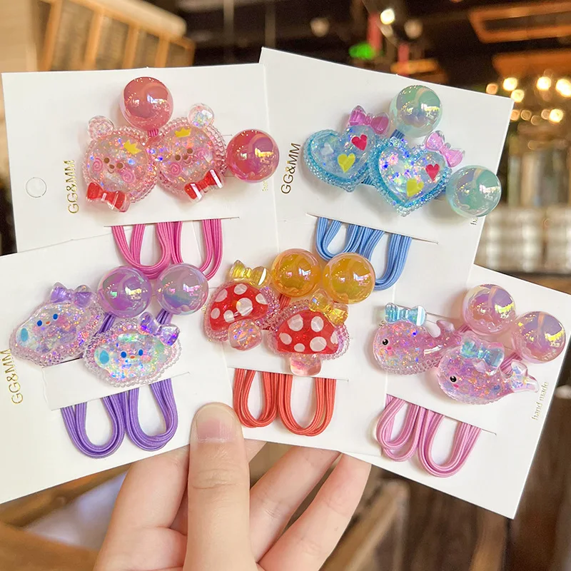 2pcs/set Cartoon Fish Heart Hair Tie For Baby Girls Elastic Ball Hair Rubber Bands Kids Red bubble Hair Rope Child cute hairband