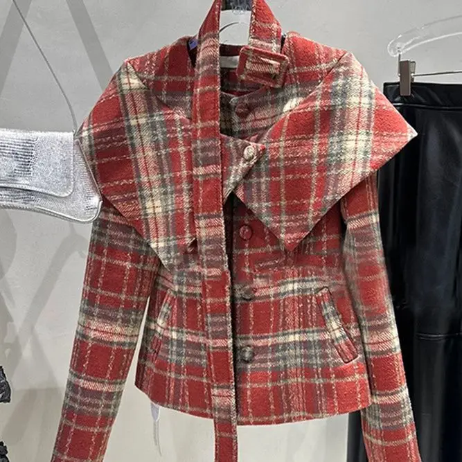 

French retro plaid woolen coat for women's autumn and winter new small fragrant style waist short coat