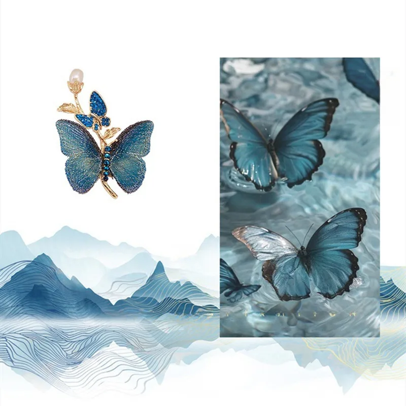 Ajojewel Exquisite Embroidery Blue Butterfly Brooch With Pearl Crystal Rhinestone Insect Jewelry Wholesale