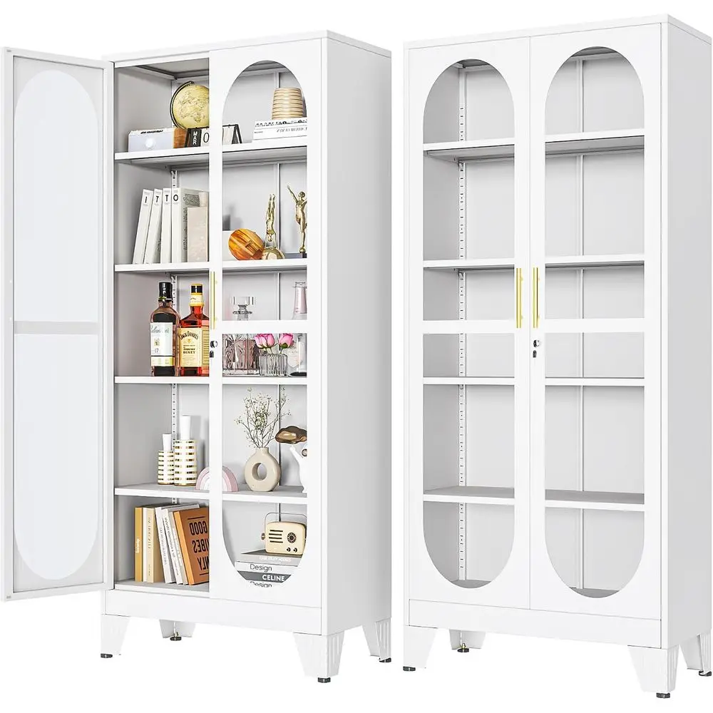 71 Tall Glass Door Locking Display Cabinet with 4 Adjustable Shelves, Suitable for Liquor, Collectibles, Home Decor