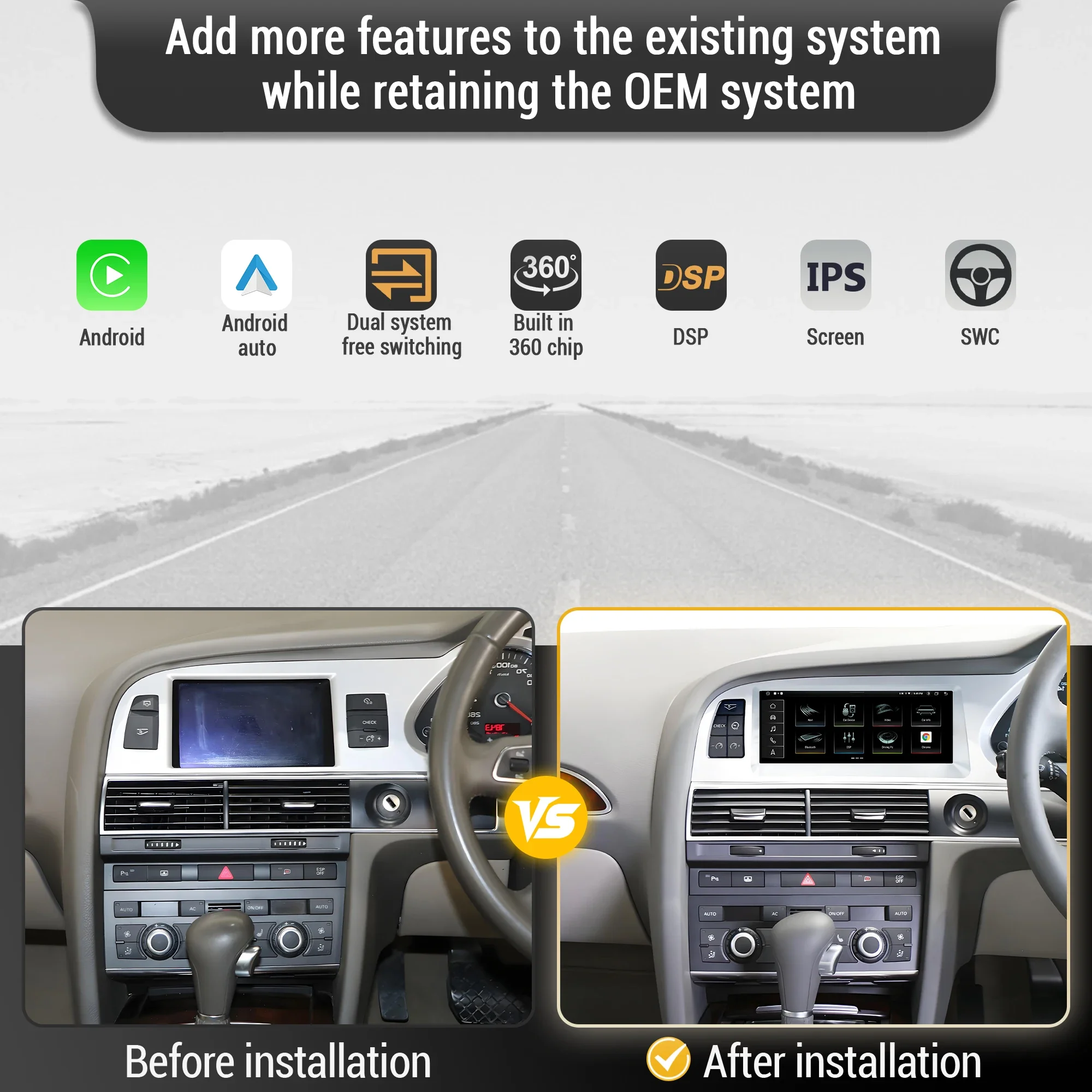 8.8 inch For Audi A6 C6 2005-2011 Right Hand Drive Android 14 Car Radio Wireless BT Carplay Qualcomm Snapdragon 680 Touch Screen