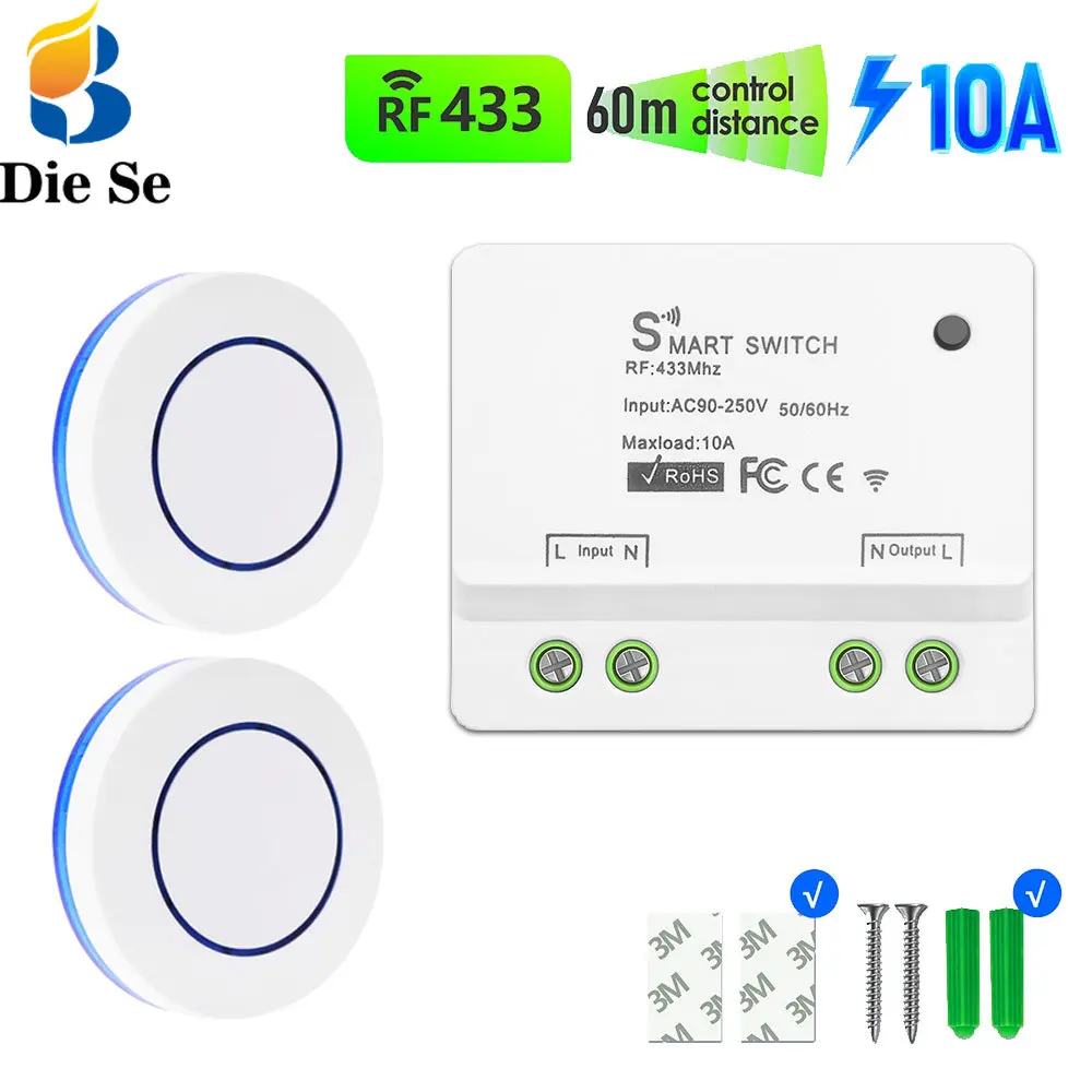 433MHz RF Wireless Remote Control Switch  AC 110V 220V 10A Relay Receiver and Push Button Wall Panel Transmitter for Light Pump