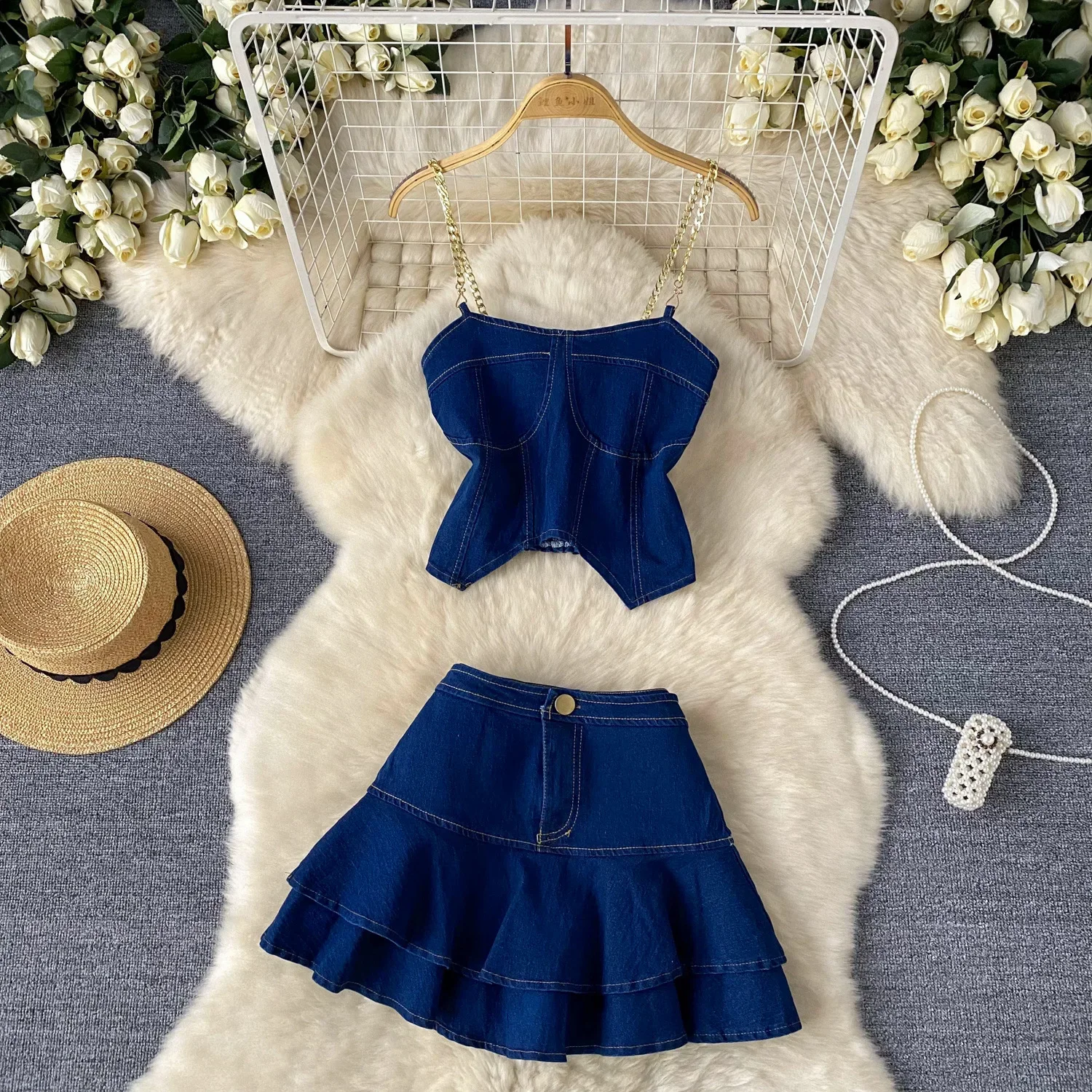 

Pure Desire Wind Spice Girl Denim Suit.Summer Crop-Umbilic Halter Wipe Chest Vest Top+High Waist Flounted Half Body Short Skirt