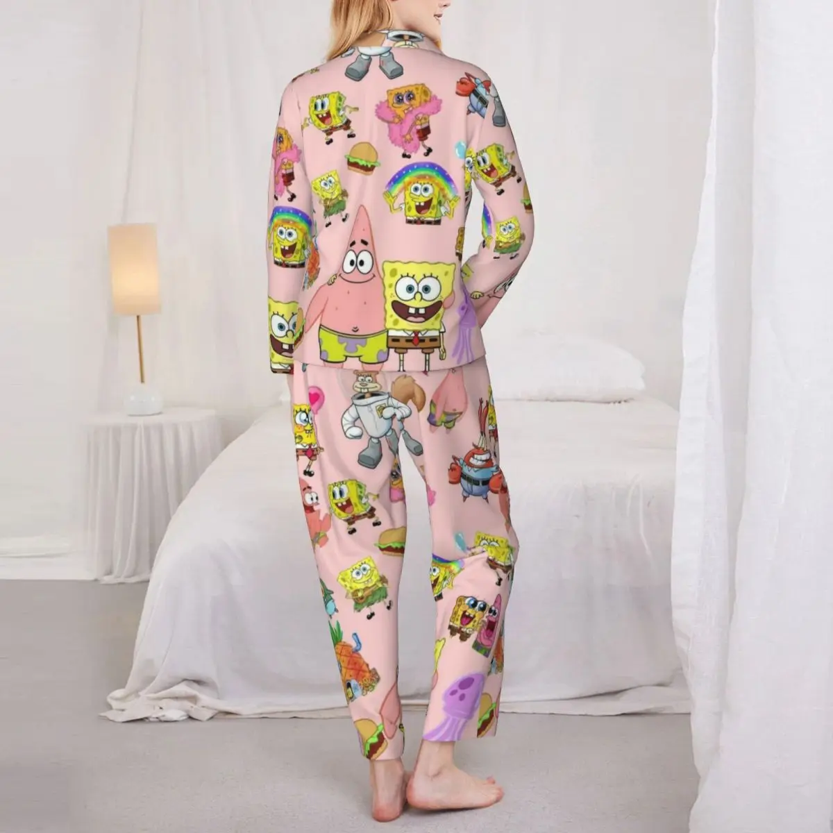 SpongeBob SquarePants Women\'s Pajamas Set Button Down Pajama 2 Piece Suit Pyjama Femme Nightwear Loungewear