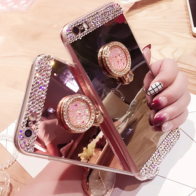 For Samsung Galaxy S23 S22 S21 S20 Ultra S10 Plus FE A52 A73 A53 Note Case Glitter Diamond Rhinestone Ring Stand Mirror Cover