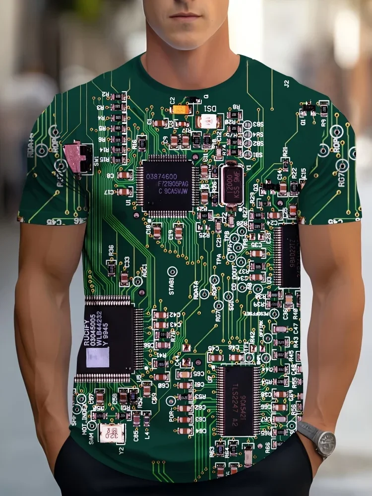 Modisches Herren-T-Shirt mit Leiterplatten-Print, Sommerliches Freizeitshirt mit Rundhalsausschnitt und Kurzen Ärmeln, PCB-Grafik, Lässige Outdoor-Streetwear