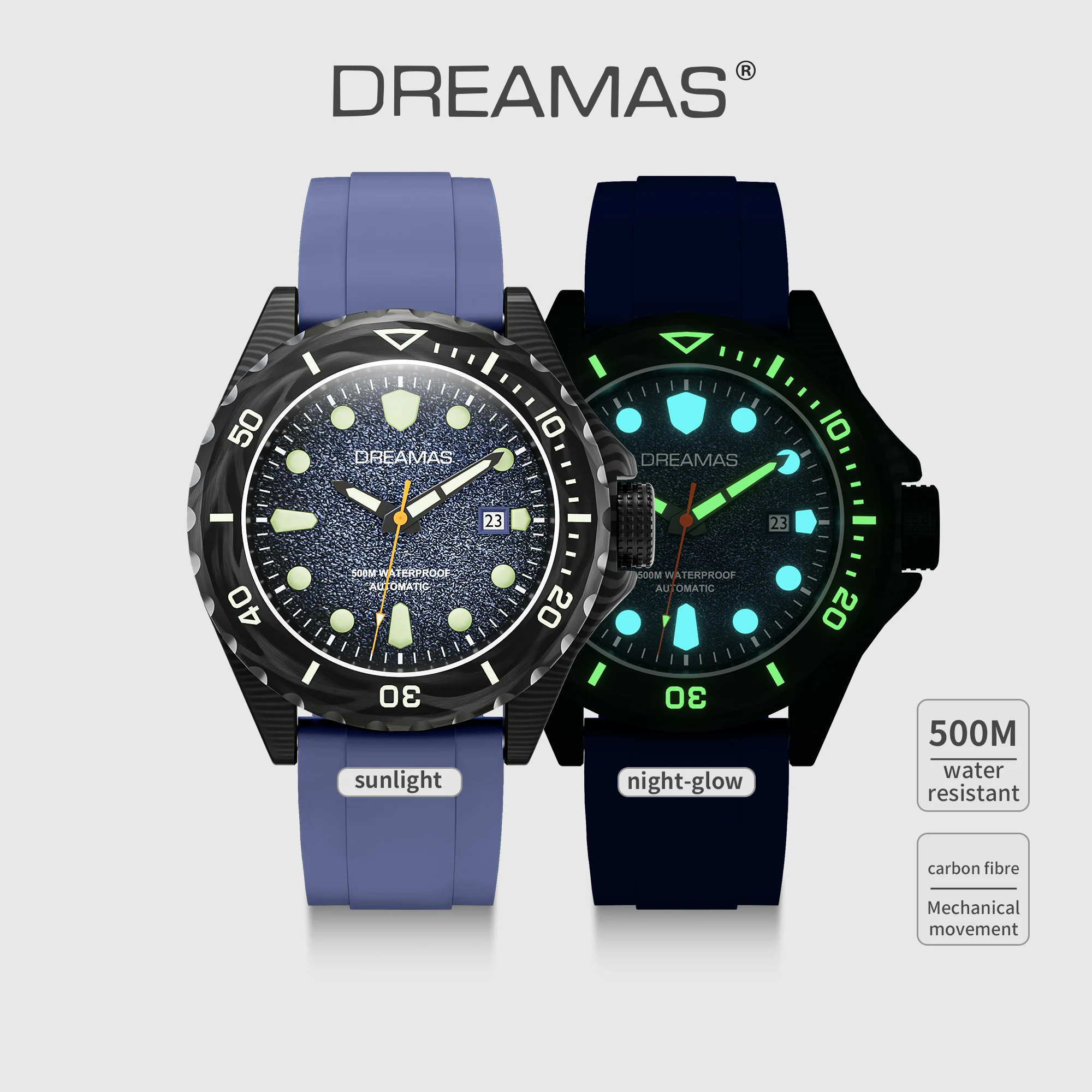 

DREAMAS Мужские автоматические механические часы из углеродного волокна Часы для дайвинга - швейцарские светящиеся, водонепроницаемые 500 м D0390G2