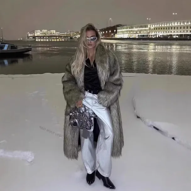 KIDCRKJ Winter Women Imitation Fur Outwear Gradient Big Fur Collar Oversize Female Mink Fur Coat Long Fashion Lady Faux Fur Coat - view 3