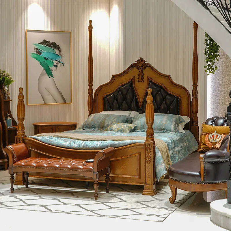 Retro solid wood bed, master bedroom double bed, wedding bed storage bed