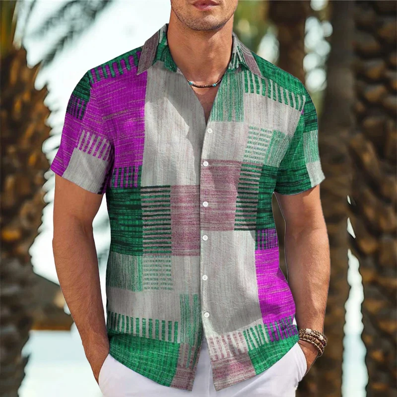 2024 Men's Color Block 3D Printed Button Hem Lapel Short Sleeve Shirt Large Size 5XL High Quality Hawaiian Beach Top Shirt