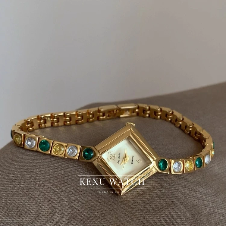 BS Watch Vintage-inspired Golden Rhombus Face Watch for Women, Elegant Green/Yellow/White Cubic Zirconia Ladies Watch