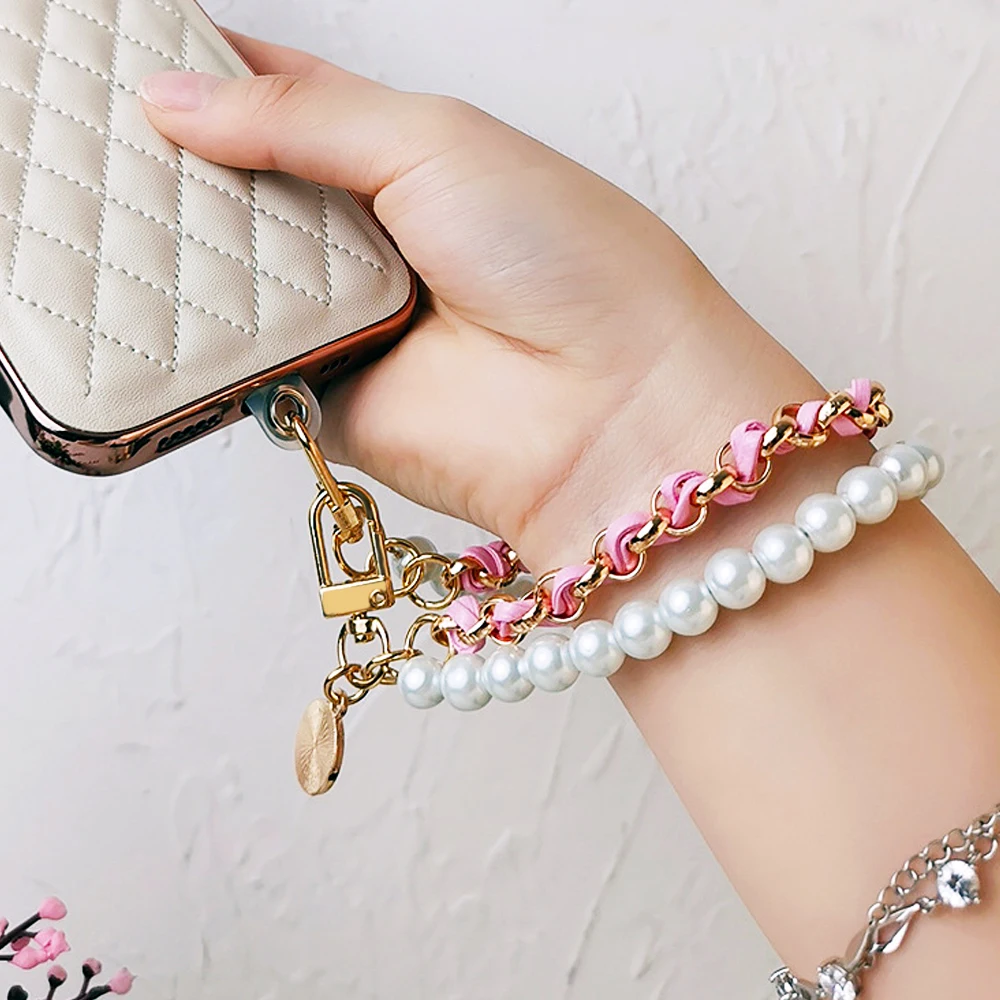 Elegant Pearl Beaded Double Layer Leather Chain With Metal Flower Purse Extender Chain Diy Phone Case Bag Charms Accessories