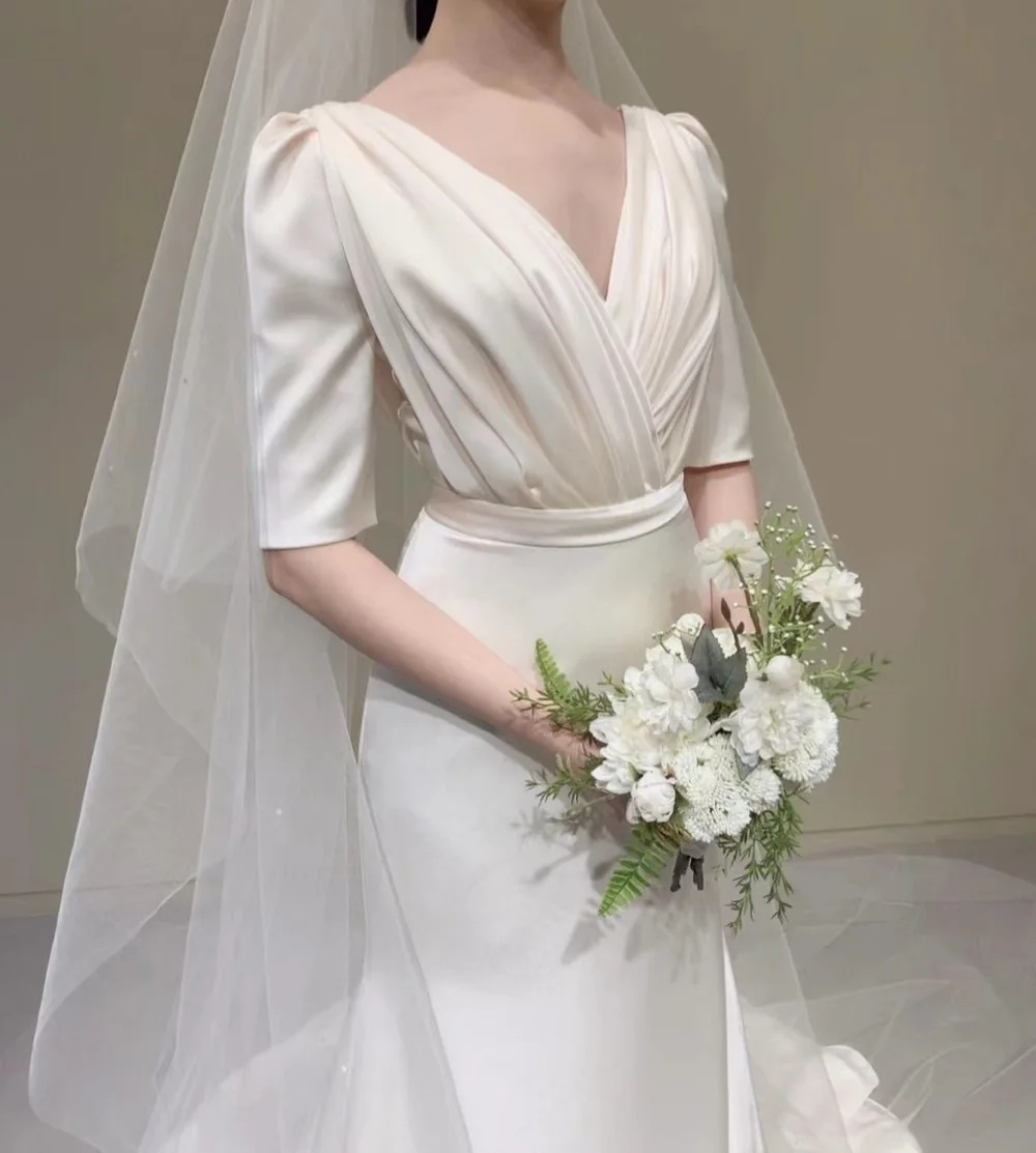 2022 novo design v pescoço varredura trem vestido de casamento meia mangas cetim macio sereia sem costas coreano simples vestidos de noiva 웨gowns gowns gowns gowns