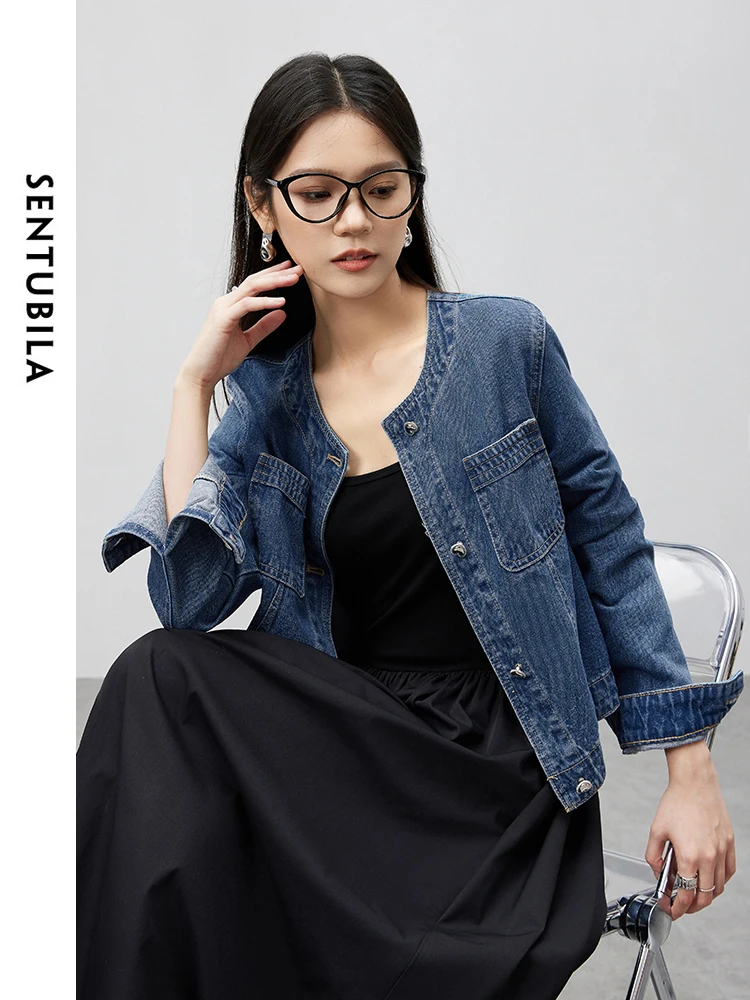 SENTUBILA Pure Cotton Denim Jacket Women 2024 Spring Autumn Outerwear Round Neck Pockets Cropped Jeans Coat Womans W41W53402