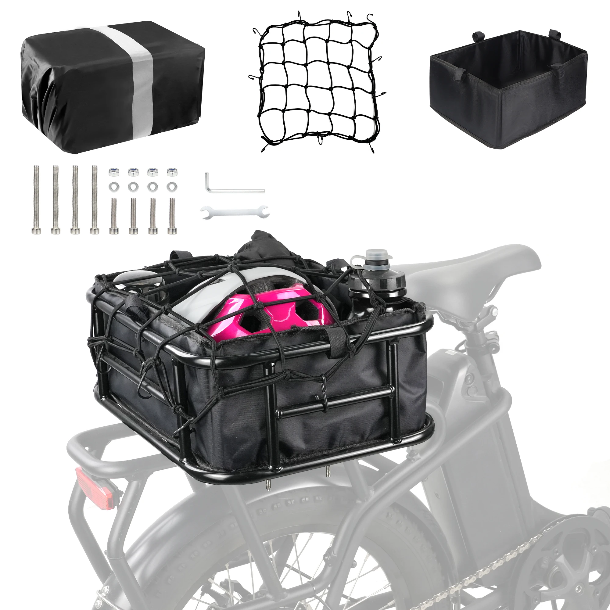ZUKKA Rear Bike Basket Metal Bicycle Cargo Basket with Liner Bag,Cargo Net,Waterproof Cover for Bikes Rear Rack