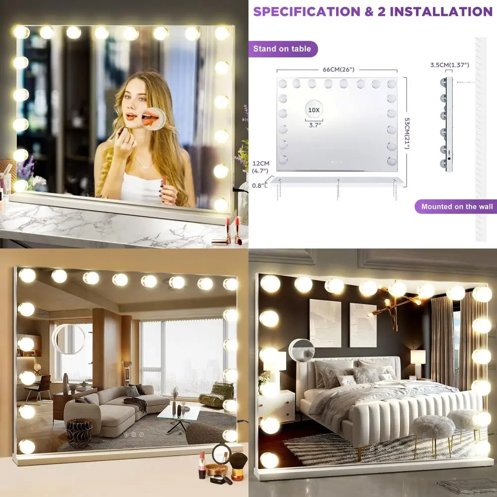 Specchio per trucco grande illuminato a LED con 18 lampadine, dimmerabile in 3 modalità, plug-in e porta USB, bianco