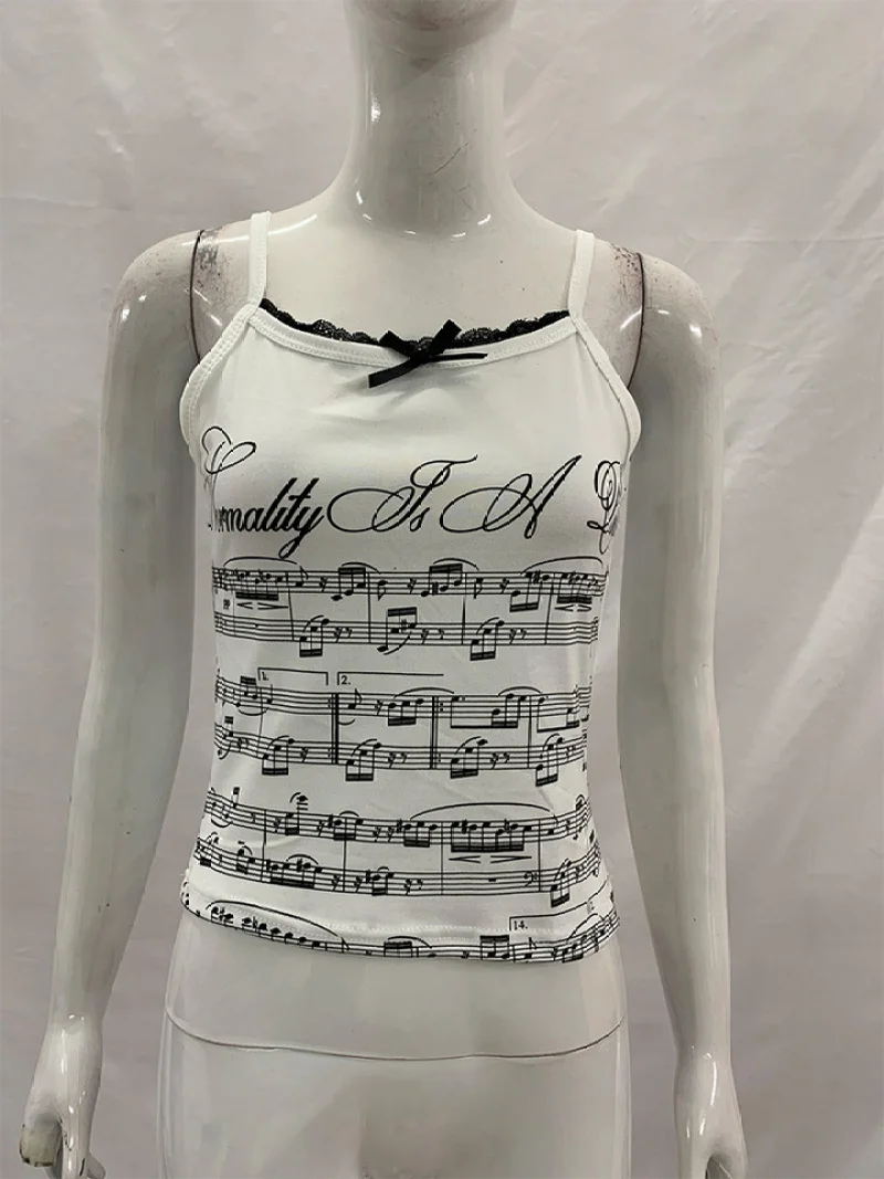 Coquette White Cami Top Women With Music Note Print Lace Trim And Bow Detail