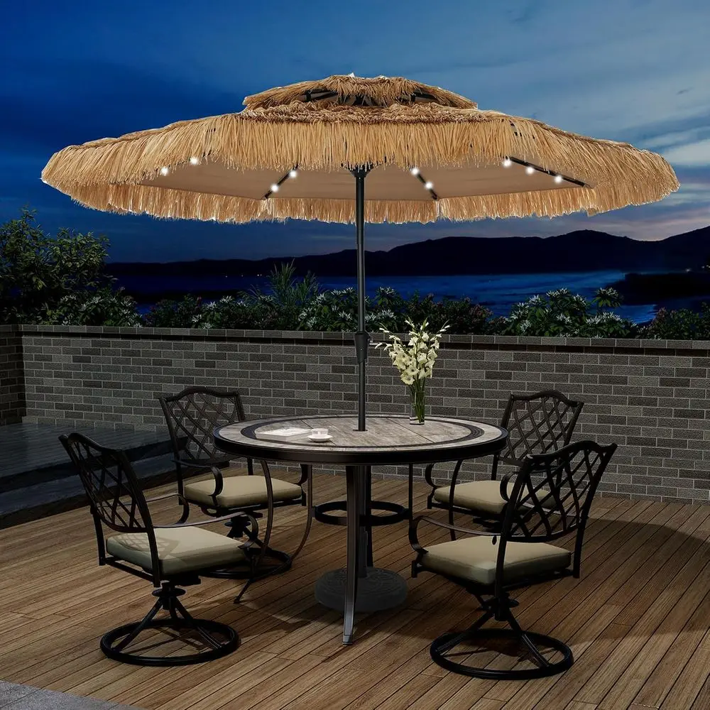 10ft Tiki-Style LED Lighted Patio Umbrella - Tropical Pool, Beach, or Outdoor Bar Shade