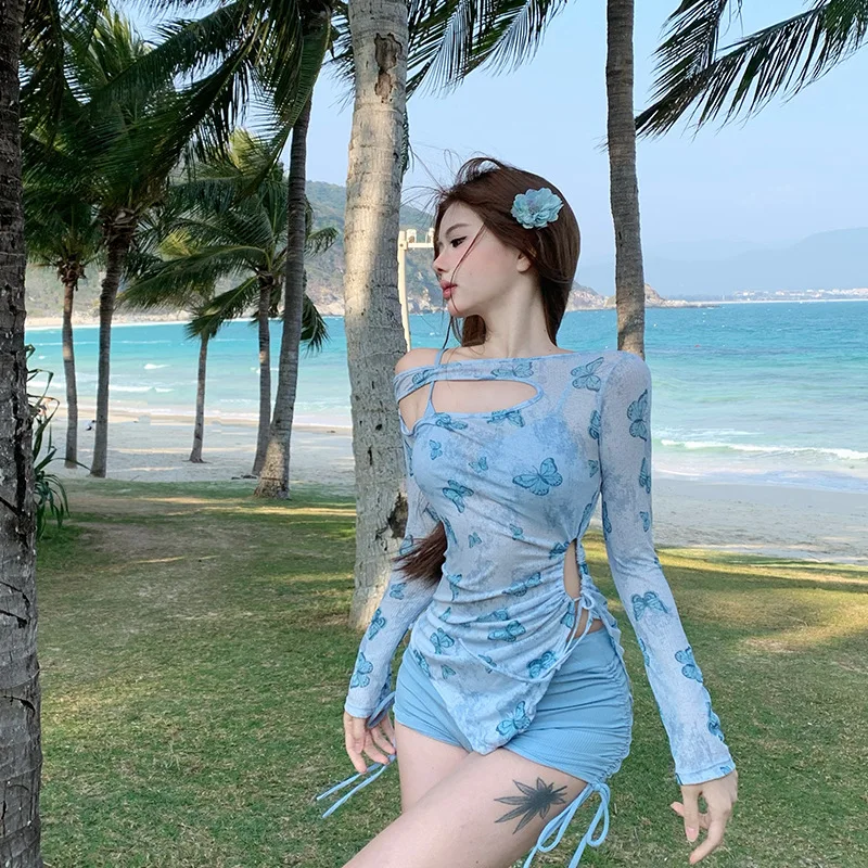 Conjunto de traje de baño estilo Pure Desire Bikini de manga larga con capucha bolsa falda de cadera dulce correa Resort traje de baño aguas termales