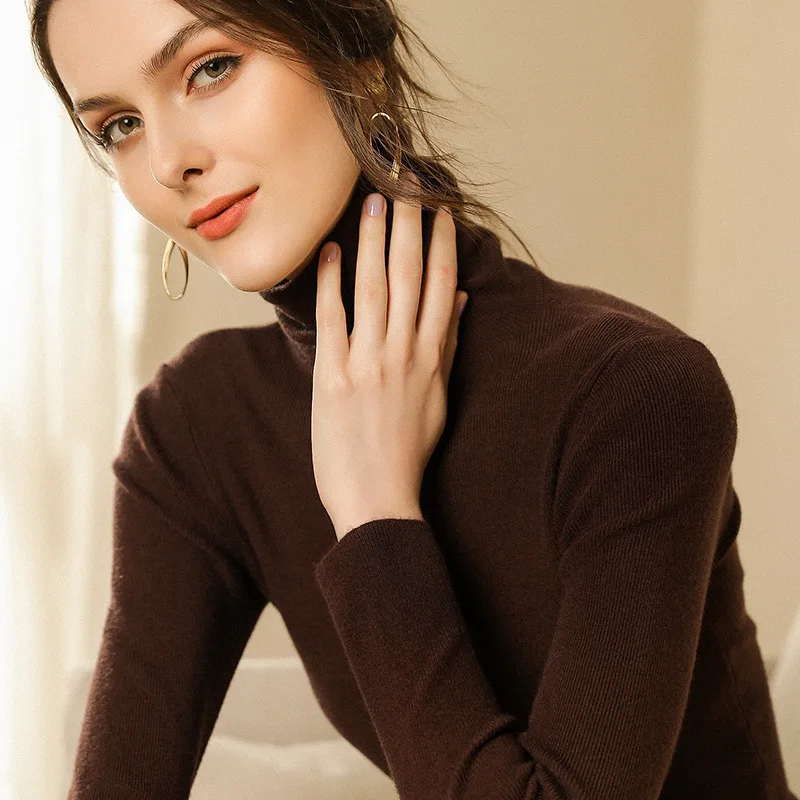 Korean Casual Solid Bottoming Shirt Women Sweater Autumn Winter Turtleneck Warm Knitwear Pullovers Fashion Slim Brown Sweater