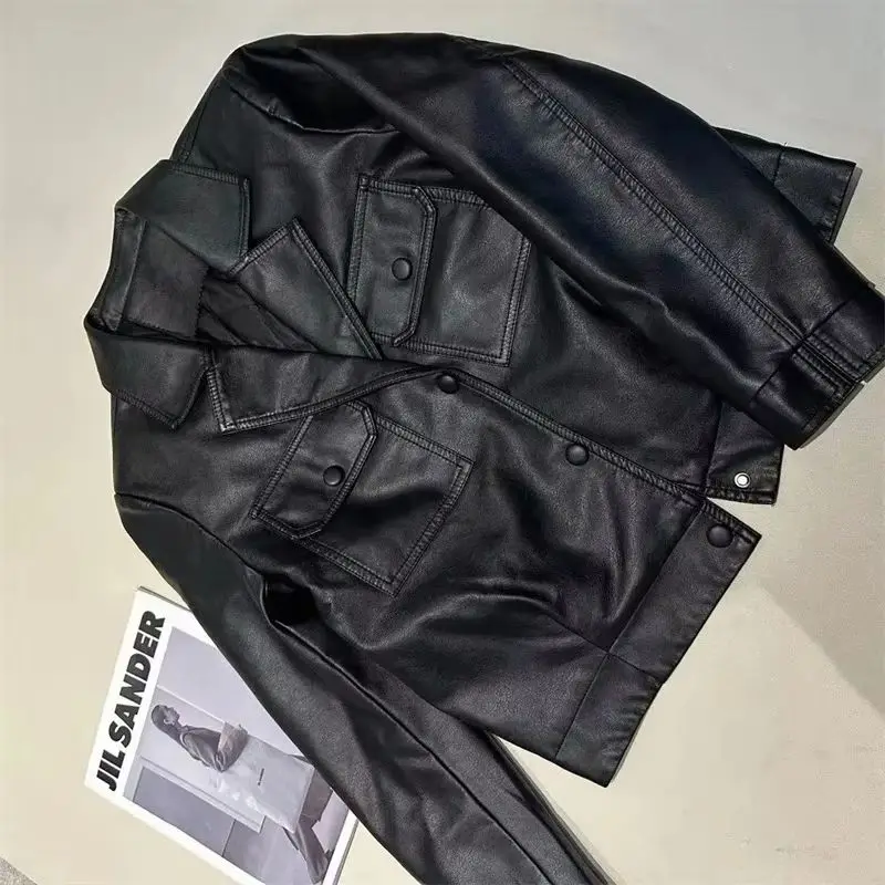 

Кожаное пальто, женские куртки, кардиган, женские весенне-осенние свободные простые модные пальто, мотоциклетная короткая кожаная куртка