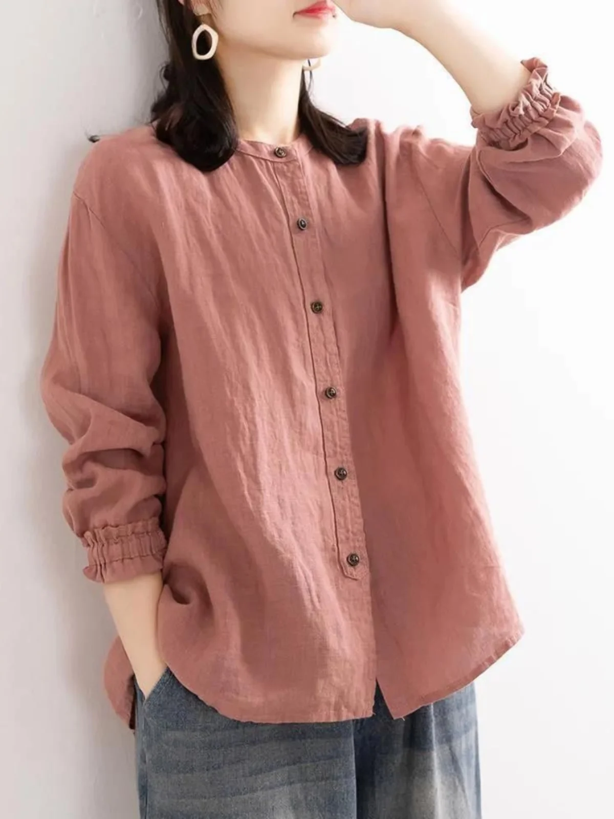Retro Artistic Cotton Linen Shirt Women Loose round Neck Casual Outerwear Long Sleeve Drawstring Sleeve Top Women