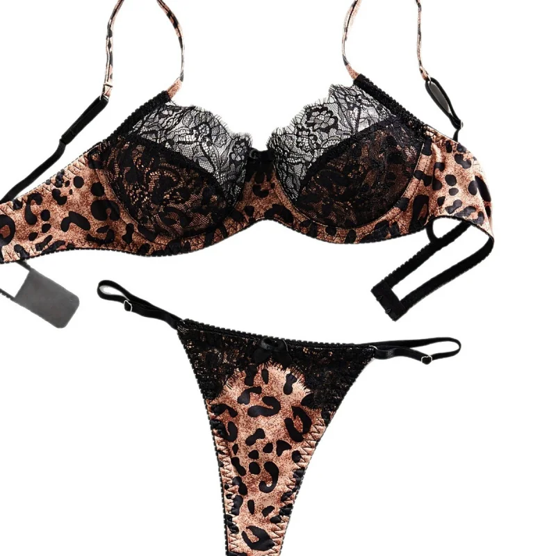 Bikini Französisch Spitze Patchwork Leopardenmuster Sexy Dessous Zweiteiliges Set Halbtransparent bedruckt Sexy Temptation BH Set