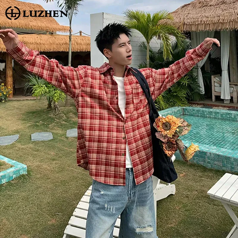 

LUZHEN 2026 Весенняя новинка: Мужская модная повседневная рубашка в клетку с принтом, свободного кроя, элегантная и стильная, с длинным рукавом JY6343