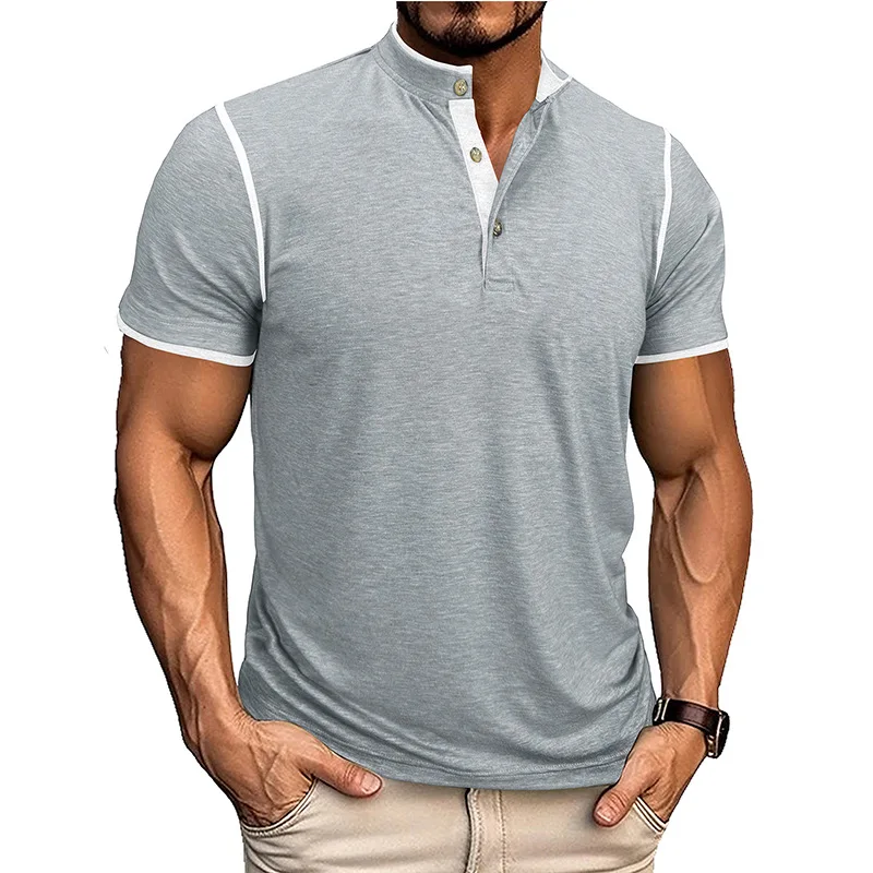 Men's Round Stand Collar Open Top Short Sleeved Double Layered Spliced Top Color Blocked Spliced