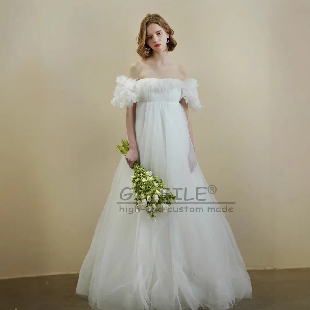 GIYSILE مخصص بسيط قبالة الكتف فساتين الزفاف التقطت الصور مطوي التفتا فستان زفاف طول الأرض ألف خط مشد فيستدو