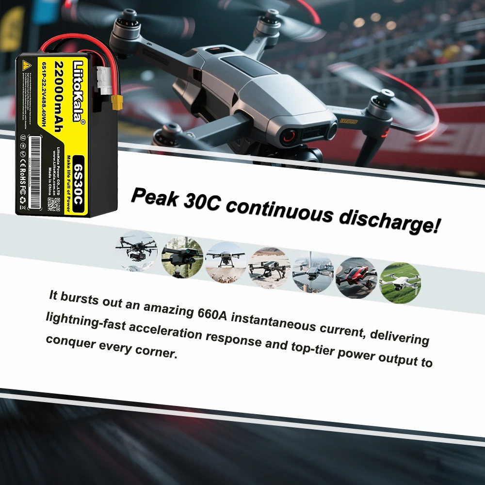 LiitoKala 6S 22.2V 30C 22.2V 22000mAh リポバッテリー 大型模型ヘリコプター、航空機、実験用ロボット、ダイナミクス用