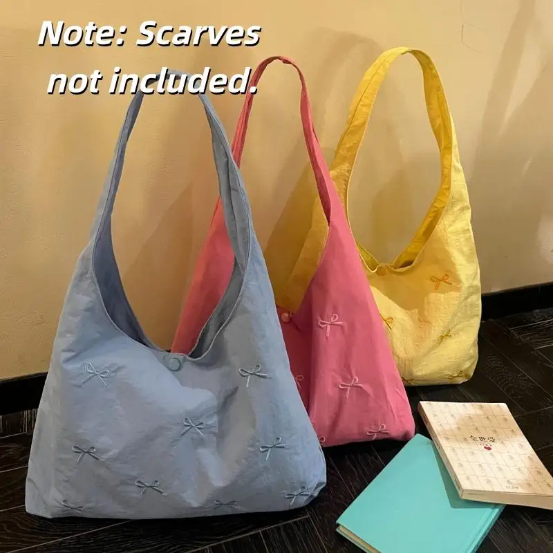 Fresh Color Korean Style Shoulder Bag Solid Color Lace Ribbon Bow Embroidered Large Capacity Vacation Tote Bag