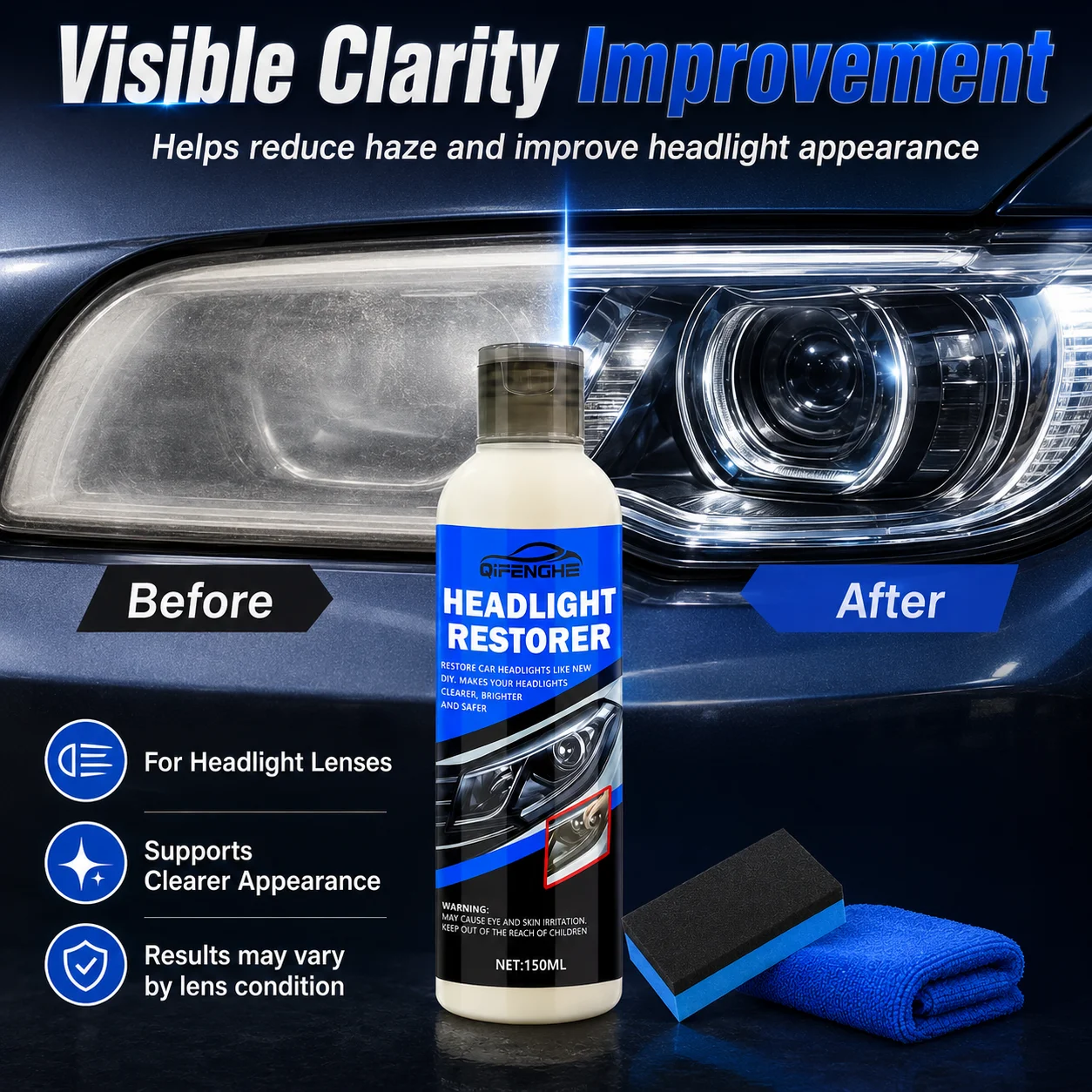 QIFENGHE 150ml Car Headlight Restoration Kit, No-Dismantling Yellowed Repair Liquid, Long Lasting Bright Coating Polish