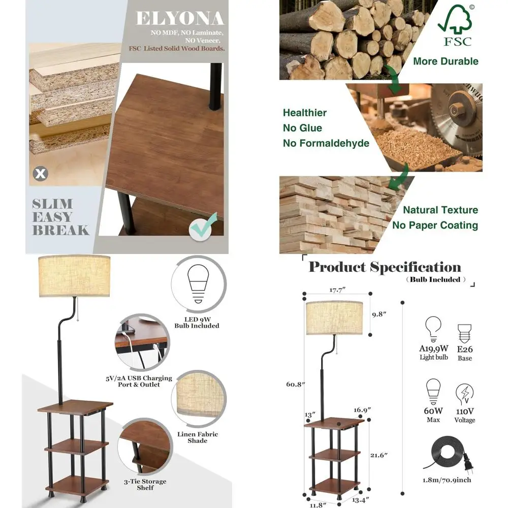 

Деревянный напольный светильник в деревенском стиле со столиком, 3-ярусной полкой-тумбой, портами USB и Type-C, со светодиодной подсветкой, для гостиной, спальни, офиса