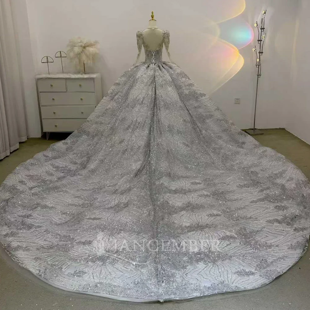 ชุดแต่งงานเจ้าหญิงสุดหรู ทรงบอลกาวน์ ผ้าออร์แกนซ่า คอทรงโอ ชุดเจ้าสาวแบบมีชายกระโปรงยาว สามารถสั่งตัดได้  ชุดแต่งงานแบบผูกเชือกด้านหลัง