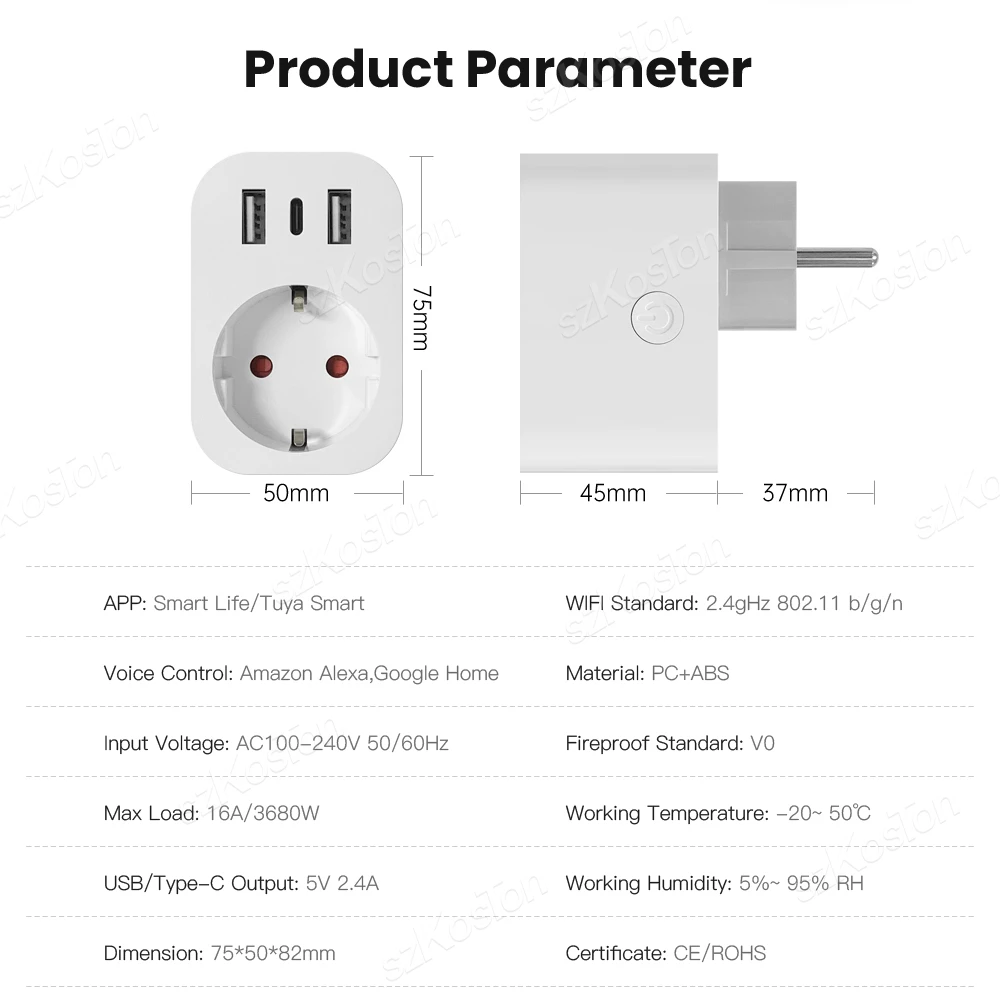 Tuya WiFi Smart Plug 16A EU Smart Socket with 2 USB 1 Type C Phone Charger Home Appliance Plug Adapter Works with Alexa Google