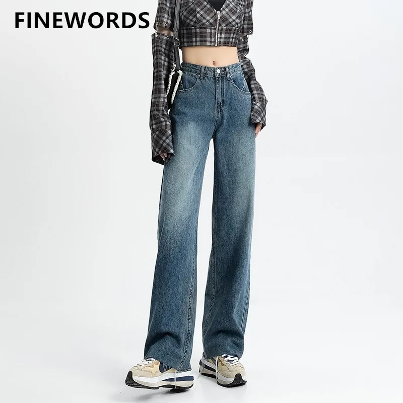 

FINEWORDS Autumn Vintage Wide Leg Jeans Women Korean Casual Baggy Jeans Streetwear Washed Harajuku Straight Full Length Jeans